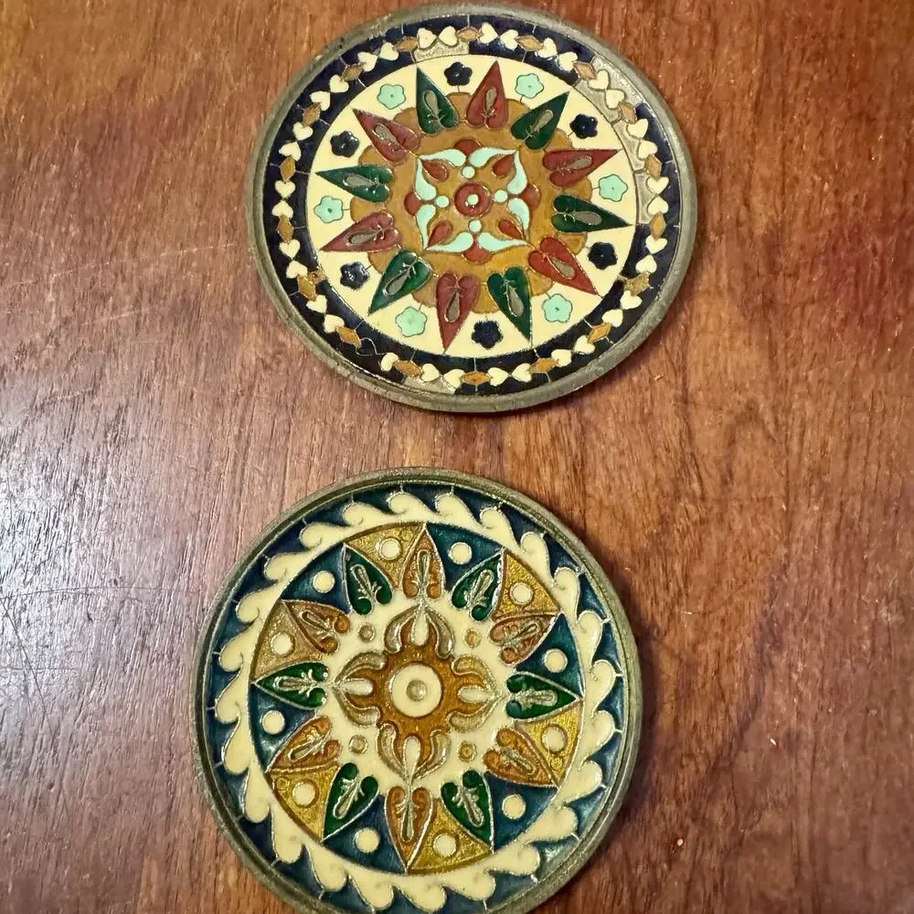 Vintage Greek Enamel Solid Brass Wall Plaques Handmade Greece Set of 3